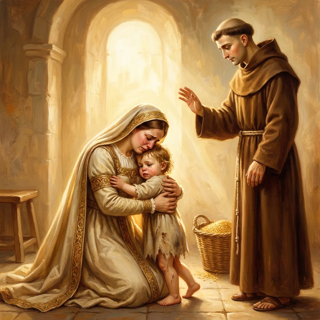 Una madre abbraccia il suo bambino mentre Sant'Antonio benedice — accanto, il cesto del grano del voto